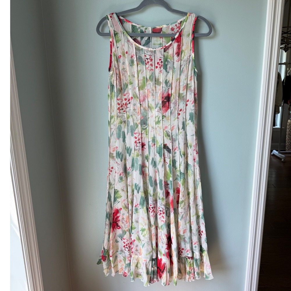 100% Silk Sheer Floral Boho Romantic Pink Red Ivory Cottagecore Sleeveless Small